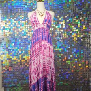 Forever 21 Tie Dye Halter Maxi Dress Pastel Pink Purple White Boho Smocked Waist